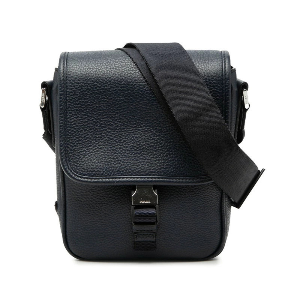 Prada Triangle Plate Crossbody Bag Navy Blue Leather